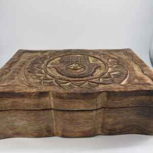 New Age Wood Box Carved Hamsa Hand Evil Eye