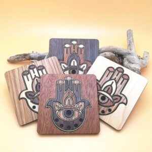 New Age Wood Coaster Hamsa Hand Chakra 4PK